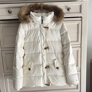 Tommy Hilfiger Cream Puffer Coat with Faux Fur Trim